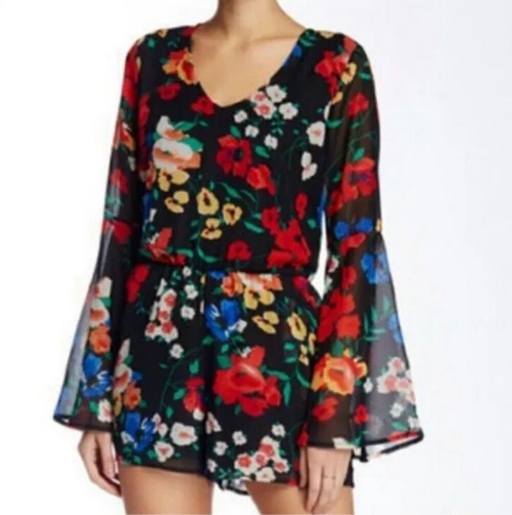 Womens Free Press Floral Allover Print Bell Sleeve Chic Open Back Romper - Sz S
